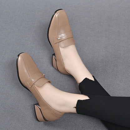 Square Head Patent Leather Glossy Middle-aged Chunky Heel Deep Mouth Shoes