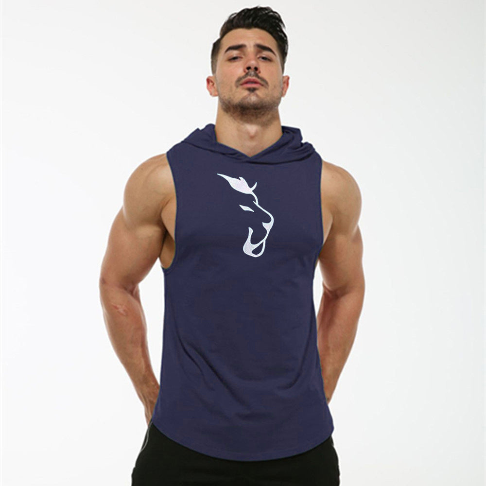 European And American Summer Hooded Curved Hem Elastic And Sweat-absorbing Wolf Head Printed Vest