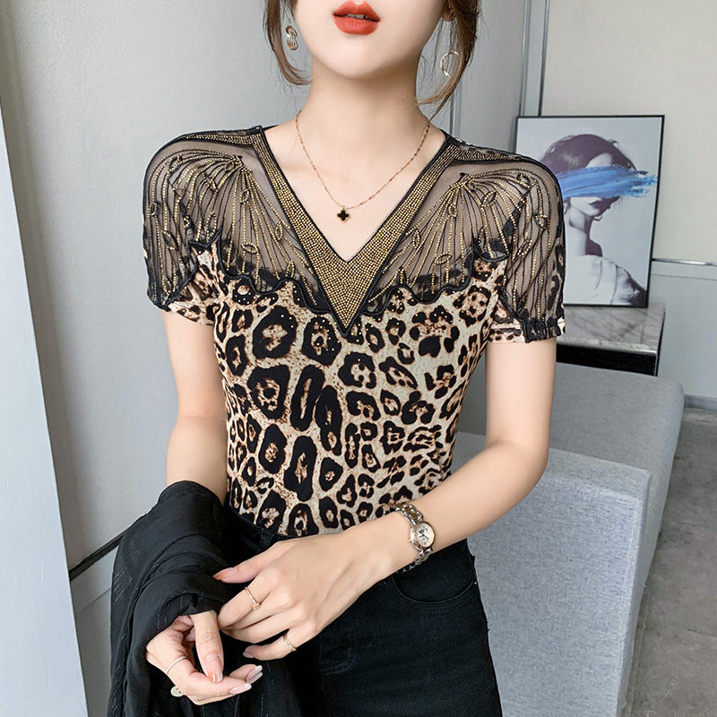 Hot Rhinestone T-shirt Short Sleeve T-shirt Women's Top