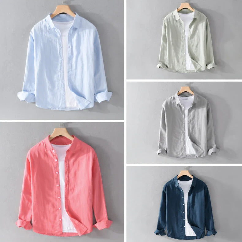 Men's New Cotton And Linen Long Sleeve White Art Versatile Casual Breathable Solid Color Linen Shirt