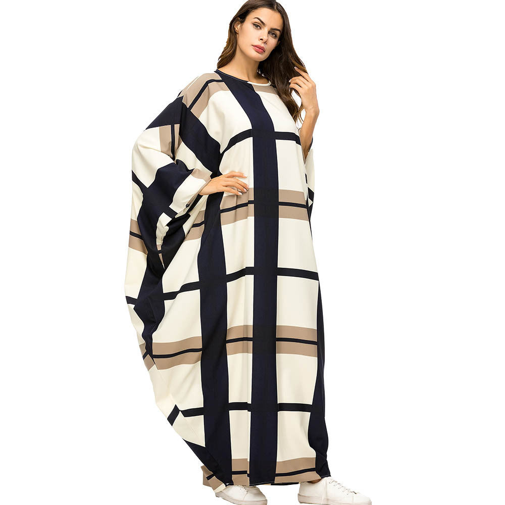 "Contrast Stitching Bat Sleeve Loose Dress - Muslim Mopping Skirt"