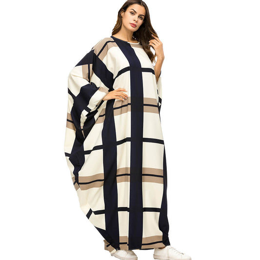 "Contrast Stitching Bat Sleeve Loose Dress - Muslim Mopping Skirt"