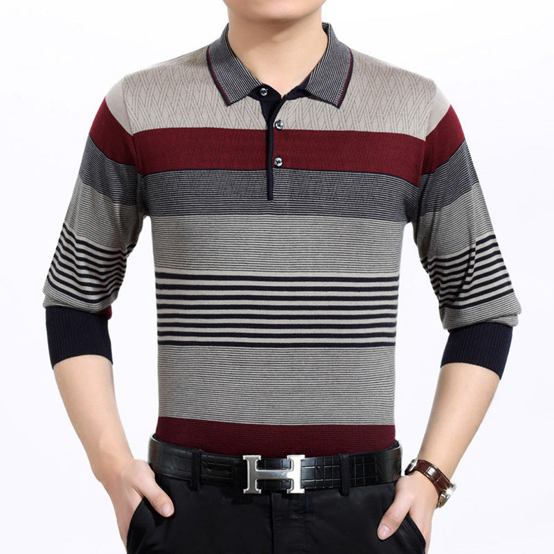 Men's Short Sleeve T-shirt Lapel Striped Middle-aged Dad T-shirt Knitted T-shirt