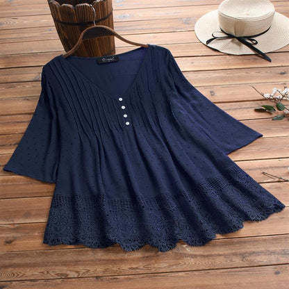 Women's Jacquard Pleated Lace Hollow Out V-neck Shirt