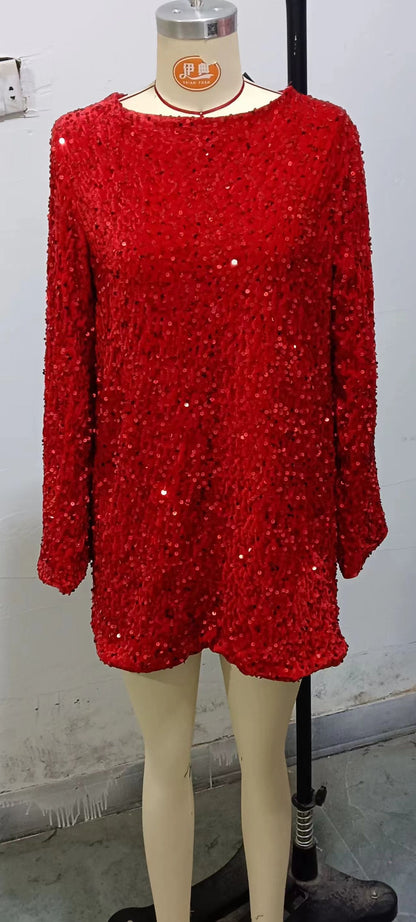 Women's Round Neck Long Sleeve Loose Sequins Short Spandex Dress