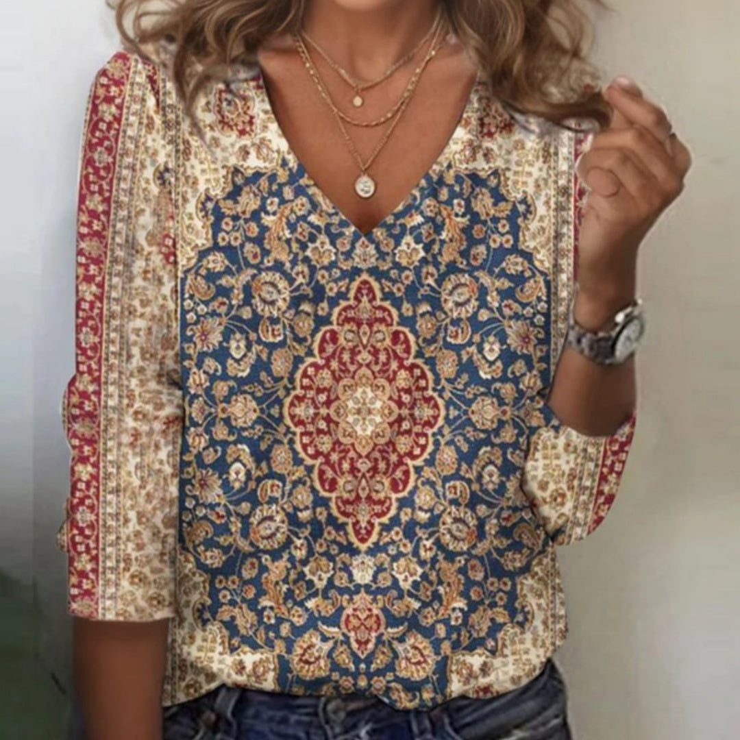 Fashionable Printed Long-sleeved T-shirt V-neck Loose Top