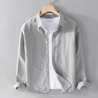 Men's New Cotton And Linen Long Sleeve White Art Versatile Casual Breathable Solid Color Linen Shirt