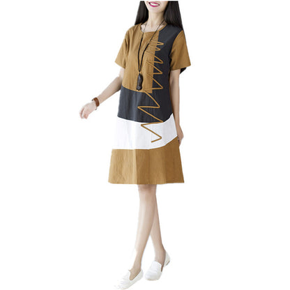 Loose Stitching Cotton And Linen Round Collar Short Sleeve Dress