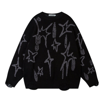 Jacquard Five-pointed Star Ripped Sweater