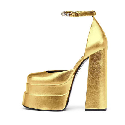 Golden Square Head Hollow Waterproof Platform Buckled Chunky Heel Super High Heel