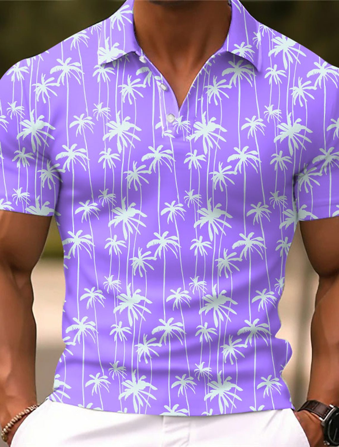 Men's Fashion Personality Coconut Tree Graphic Printing Lapel Short Sleeve