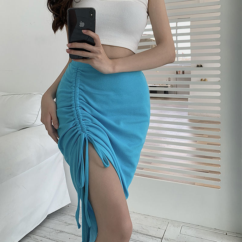 High Waist Slit Skirt Women's Irregular Mid-length Skirt Drawstring Ruffle Hip Skirt