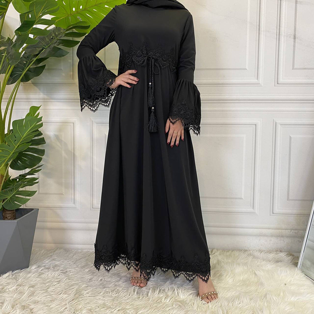 Muslim Fashion Women's Lace Splice Lace Up Dress