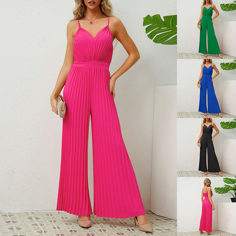 V-neck Suspender Pleated Jumpsuit Women Solid Color Loose Straight Pants