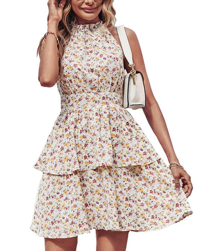 Summer Printed Halter Dress Fashion Backless Ruffled A-Line Beach Dresses For Womens Clothing