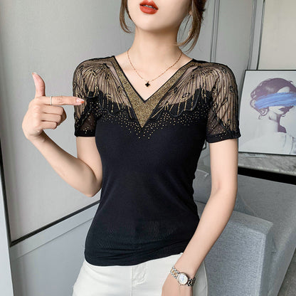 Hot Rhinestone T-shirt Short Sleeve T-shirt Women's Top