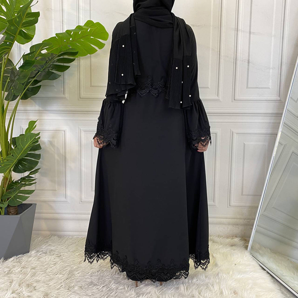 Muslim Fashion Women's Lace Splice Lace Up Dress