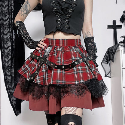 Saibo Punk Goth Lace Stitching A- Line Bubble Y2g With Plaid Hot Girl Skirt