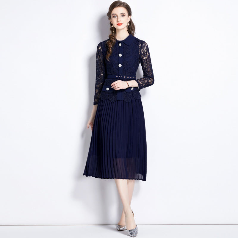 Lace Fashion Solid Color Pleated Dress Women