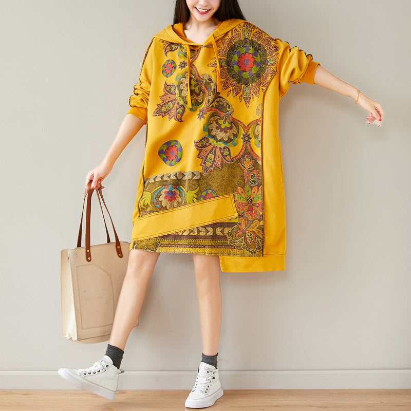 Women's Retro Artistic Hooded Mid-length Sweater Dress