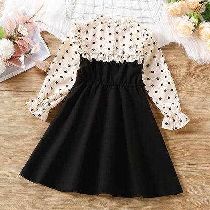 Autumn New Polka Dot Lace Collar Stitching Long Sleeve Dress