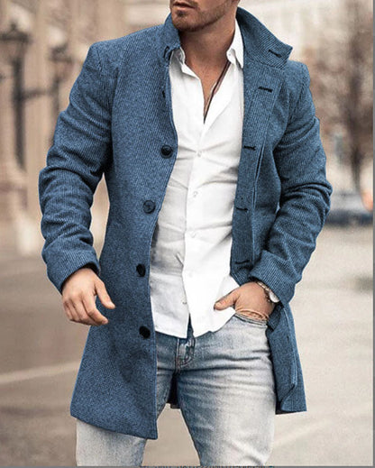 Fall Winter Men Woolen Stand Collar Mid-length Pocket Casual Coat