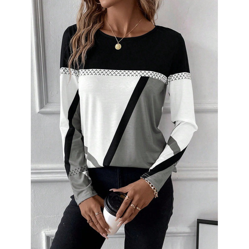 Pullover Round Neck Contrast Color Stitching Geometric Print Top