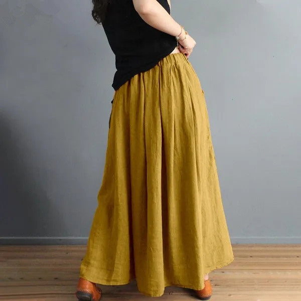 Retro Artistic Style Loose Elastic Waist Color Matching Cotton And Linen Skirt Slimming A- Line Skirt