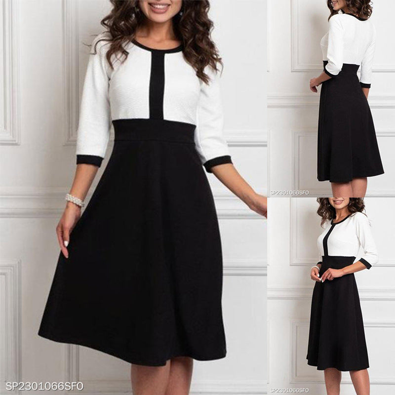 New Waist Slimming Temperament Mid-length Long Sleeve Patchwork Skirt