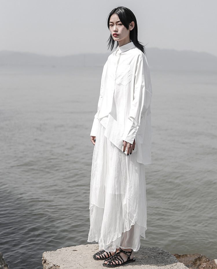 Dark Design White Shirt Asymmetric Niche Irregular Cotton Shirt