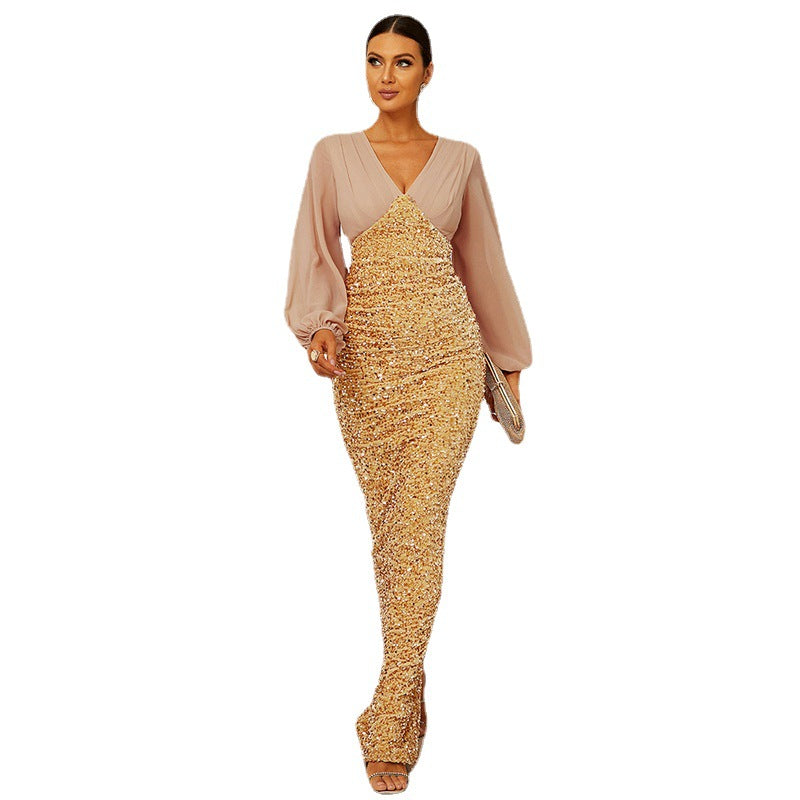 Women's Fashion V-neck Long-sleeved Sequin Dress