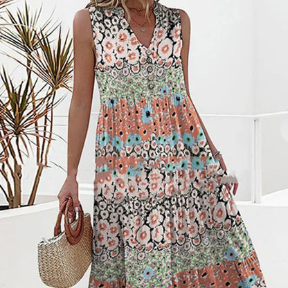 V-neck Clinch Stitching Sleeveless Digital Printing Dress