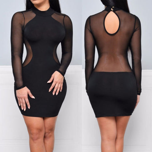 Long Sleeved Round Neck Mesh Stitching Dress