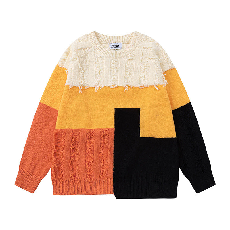 Retro Patchwork Contrast Color Velvet Thickening Sweater Japanese Minority Burr Idle Style