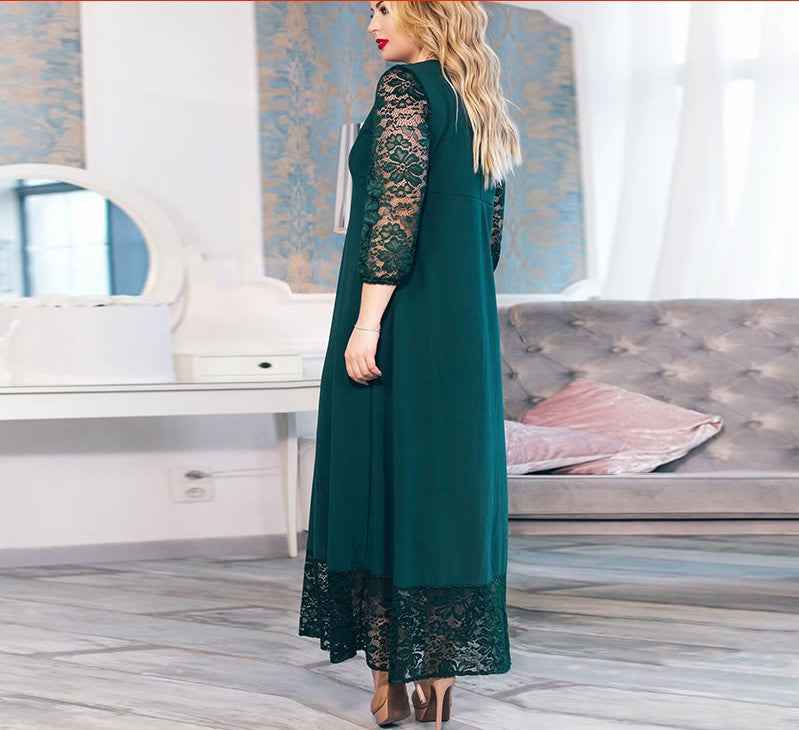 Large Lace Stitching Round Neck Long Sleeve Long Dress