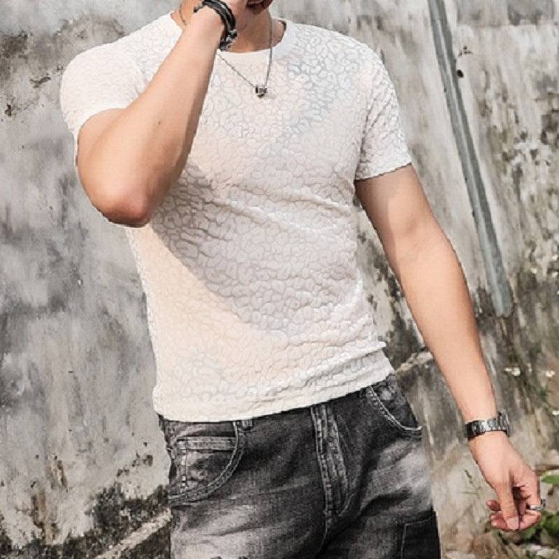 Men's Gold Velvet Ice Silk Cut-out Breathable Short Sleeve Round Neck T-shirt