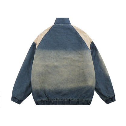 Contrast Color Spray Paint Wash Denim Stand-up Collar Cotton-padded Coat