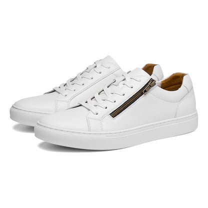 Top Layer Cowhide Low Cut White British Style Side Zipper Casual Shoes