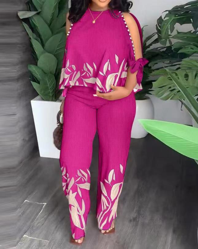 Round Neck Raglan Half Sleeve Beaded Positioning Printed Trousers Suit