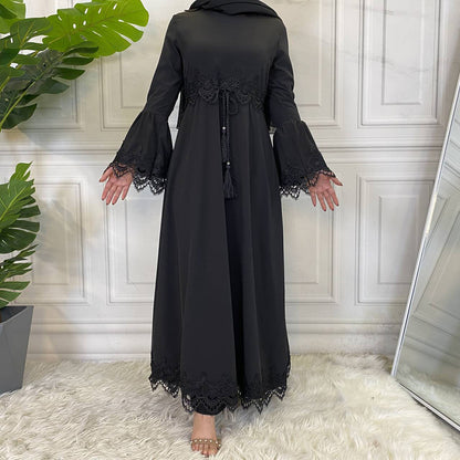 Muslim Fashion Women's Lace Splice Lace Up Dress