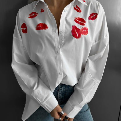 Women's Fashion Red Lips Printed White Shirt