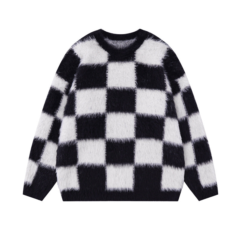 National Fashion Street Creativity Design Chessboard Round Neck Sweater