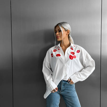 Women's Fashion Red Lips Printed White Shirt