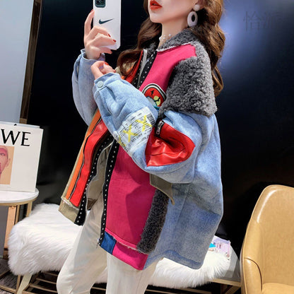 Women's Winter Loose Plus Size Lamb Wool Stitching Denim Coat