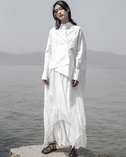 Dark Design White Shirt Asymmetric Niche Irregular Cotton Shirt