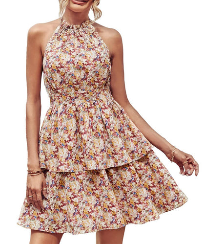 Summer Printed Halter Dress Fashion Backless Ruffled A-Line Beach Dresses For Womens Clothing