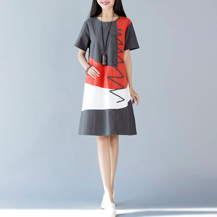 Loose Stitching Cotton And Linen Round Collar Short Sleeve Dress