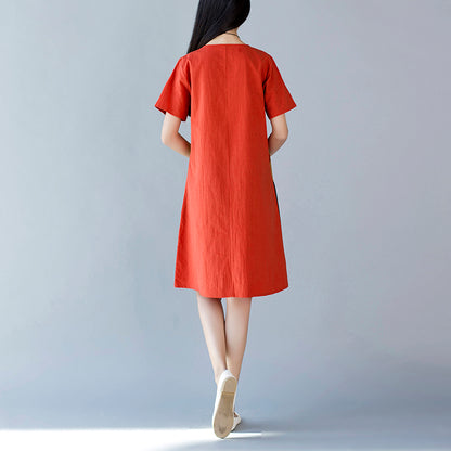 Loose Stitching Cotton And Linen Round Collar Short Sleeve Dress