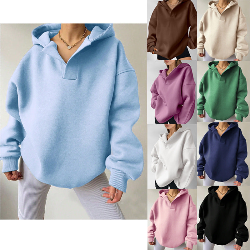 Women's Solid Color Long Sleeve Hooded Solid Color Loose Sweater