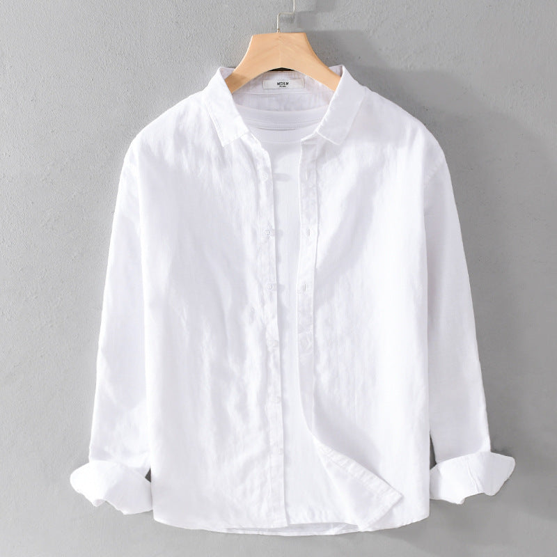 Men's New Cotton And Linen Long Sleeve White Art Versatile Casual Breathable Solid Color Linen Shirt